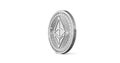 Silver Ethereum coin spinning clockwise in perfect loop isolated on white background.