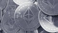 Silver Ethereum cryptocurrency mining concept background.