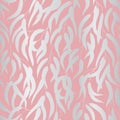 Silver eucalyptus branches with leaves on baby pink background, seamless vector pattern, texture, outline