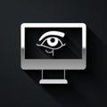 Silver Eye of Horus on monitor icon isolated on black background. Ancient Egyptian goddess Wedjet symbol of protection