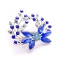 Silver flower brooch with blue diamonds isolated on white Royalty Free Stock Photo