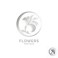 Silver flower, graceful Lily in a circle, emblem, logo. Template for beauty Studio, jewelry store, cosmetics, women`s clothing,