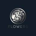 Silver flower, graceful Lily in a circle, emblem, logo. Template for beauty Studio, jewelry store, cosmetics, women`s clothing,