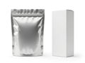 Silver foil pouch and white box isolated on white background Royalty Free Stock Photo