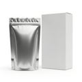 Silver foil pouch and white box isolated on white background Royalty Free Stock Photo