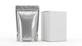 Silver foil pouch and white box isolated on white background Royalty Free Stock Photo