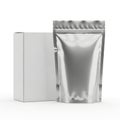 A silver foil pouch and a white box on a plain white background Royalty Free Stock Photo