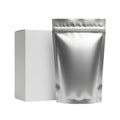 A silver foil pouch and a white box on a plain background Royalty Free Stock Photo