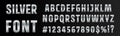 Silver font numbers and letters alphabet typography. Vector chrome metallic silver font type, 3d metal texture gradient