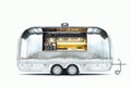 Silver food trailer with detailed interior isolated on white. 3d rendering. Royalty Free Stock Photo