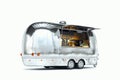 Silver food trailer with detailed interior isolated on white. 3d rendering. Royalty Free Stock Photo