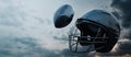 Silver football helmet and ball background against a sky of intense contrast, 3d rendering Royalty Free Stock Photo