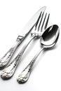 silver fork, spoon and knife on white background Royalty Free Stock Photo