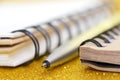 A silver fountain pen lies next to two notepads with a spring. Time for study and business. Close-up. Macro