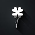 Silver Four leaf clover icon isolated on black background. Happy Saint Patrick day. Long shadow style. Vector