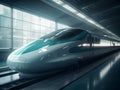 A silver futuristic bullet train is stopping at a train station.