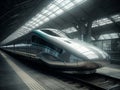 A silver futuristic bullet train is stopping at a train station.