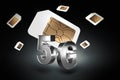 Silver 5G sign with sim cards hovering behind it on black background. High speed mobile web technology. 3D rendering