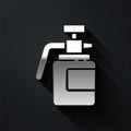 Silver Garden sprayer for water, fertilizer, chemicals icon isolated on black background. Long shadow style. Vector