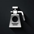 Silver Garden sprayer for water, fertilizer, chemicals icon isolated on black background. Long shadow style. Vector