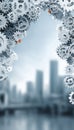 Silver gears with a cityscape blurred background representing industry and technology Royalty Free Stock Photo