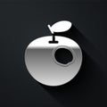 Silver Genetically modified apple icon isolated on black background. GMO fruit. Long shadow style. Vector