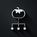 Silver Genetically modified food icon isolated on black background. GMO fruit. Long shadow style. Vector