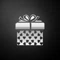 Silver Gift box and heart icon isolated on black background. Packaging Valentine`s Day. Beautiful festive box tied with