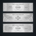 Silver gift certificate banners set VIP Vintage ornamental template with damask pattern and decorative frame. Royalty Free Stock Photo