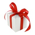 Silver gift wrapped present with red satin bow