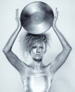 Silver girl with vinyl Royalty Free Stock Photo