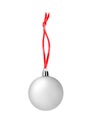 Silver glass ball hanging on red ribbon on white background isolated close up, ÃÂ¡hristmas tree decoration, shiny round bauble Royalty Free Stock Photo