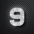 Silver glitter alphabet numbers 9 with shadow. Vector realistick shining silver font number nine of sparkles on black Royalty Free Stock Photo