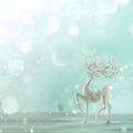 Silver glitter Christmas deer on blue background with lights bokeh, copy space. Greeting card for new year party. Festive holiday Royalty Free Stock Photo