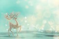 Silver glitter Christmas deer on blue background with lights bokeh, copy space. Greeting card for new year party. Festive holiday Royalty Free Stock Photo