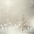 Silver glitter Christmas tree on grey background with lights bokeh, copy space. Greeting card for new year party. Festive holiday Royalty Free Stock Photo