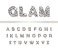 Silver glitter font isolated on white. Modern decorative alphabet for holiday design.