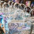 Silver Glitter Gift Bags, Rows, Empty with Tags, Birthday, Festive