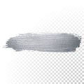 Silver glitter paint brush stroke or abstract dab smear with smudge texture on transparent background. Vector isolated glittering Royalty Free Stock Photo