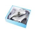 Silver glitter shoes in turquoise box Royalty Free Stock Photo