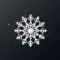 Silver glitter snowflake on transparent background. Shining Christmas snowflake with sparkles and stars. Winter holiday