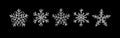 Silver glitter texture snowflake hand drawn icon set on black background. Shiny Christmas, New year and winter sparkling