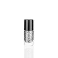 Silver glittering nail polish in glass bottle white background isolated closeup, closed silver sequin varnish, shiny gray lacquer