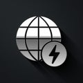 Silver Global energy power planet with flash thunderbolt icon isolated on black background. Ecology concept and