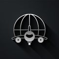 Silver Globe with flying plane icon isolated on black background. Airplane fly around the planet earth. Aircraft world Royalty Free Stock Photo