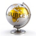 Silver globe with yellow handle and word \