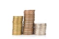 silver and glod coin stack. town. pile. isolated on white background Royalty Free Stock Photo