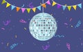 Silver gloving disco ball on blue background with colored ribbons, garland of flags and confetti