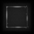 Silver glowing frame. Metal shiny square banner on transparent background. Vector.