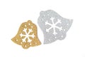 Silver and Gold bells in snowflake signs